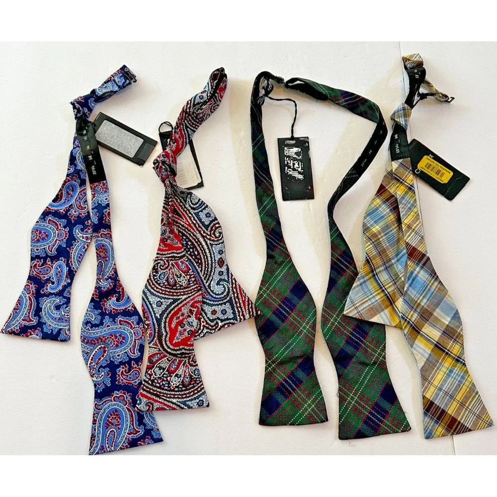 Cremieux Bow Tie Plaid Paisley Red Blue Green Brown 100% Silk Cotton Set 4 NEW